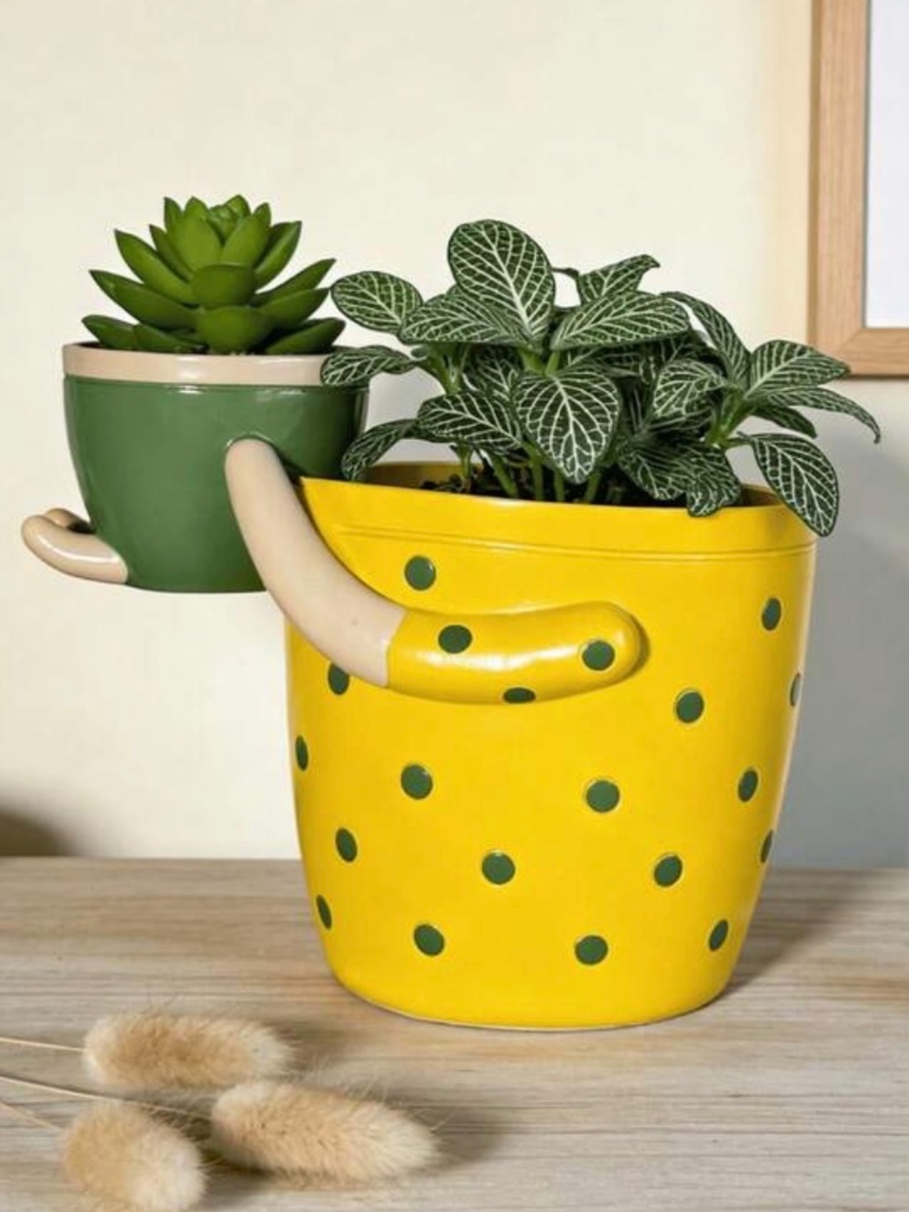 Yellow Polka Dot Ceramic Planter with Green Accent Pot and Cream Handle